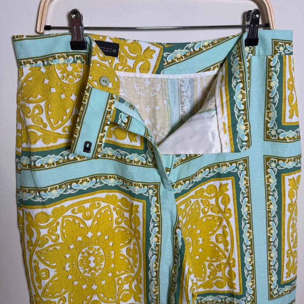Zara Medallion Tile Print Wide Leg Linen Blend Pants Yellow Teal XL